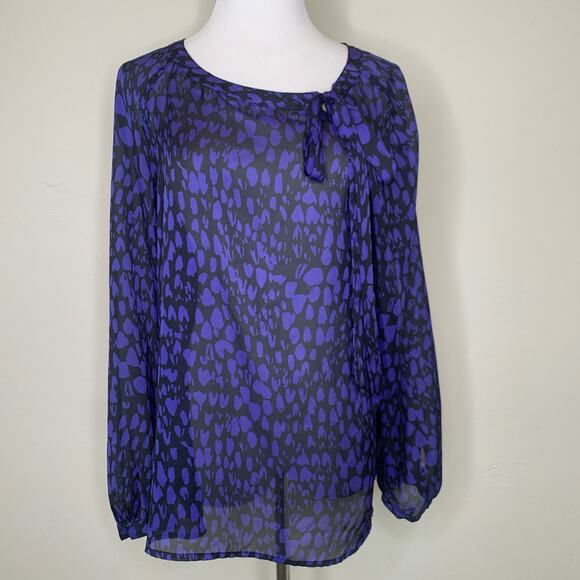 LOFT Sheer Purple Black Leopard Print Blouse Tie Neck Sz Medium - Picture 1 of 12
